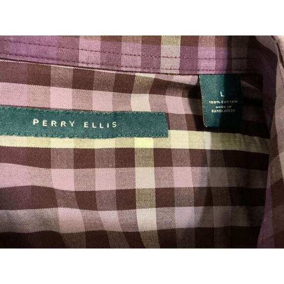 PERRY ELLIS Men's Shirt Large Violet white Plaid Short Sleeve Linen Cotton - Picture 4 of 8